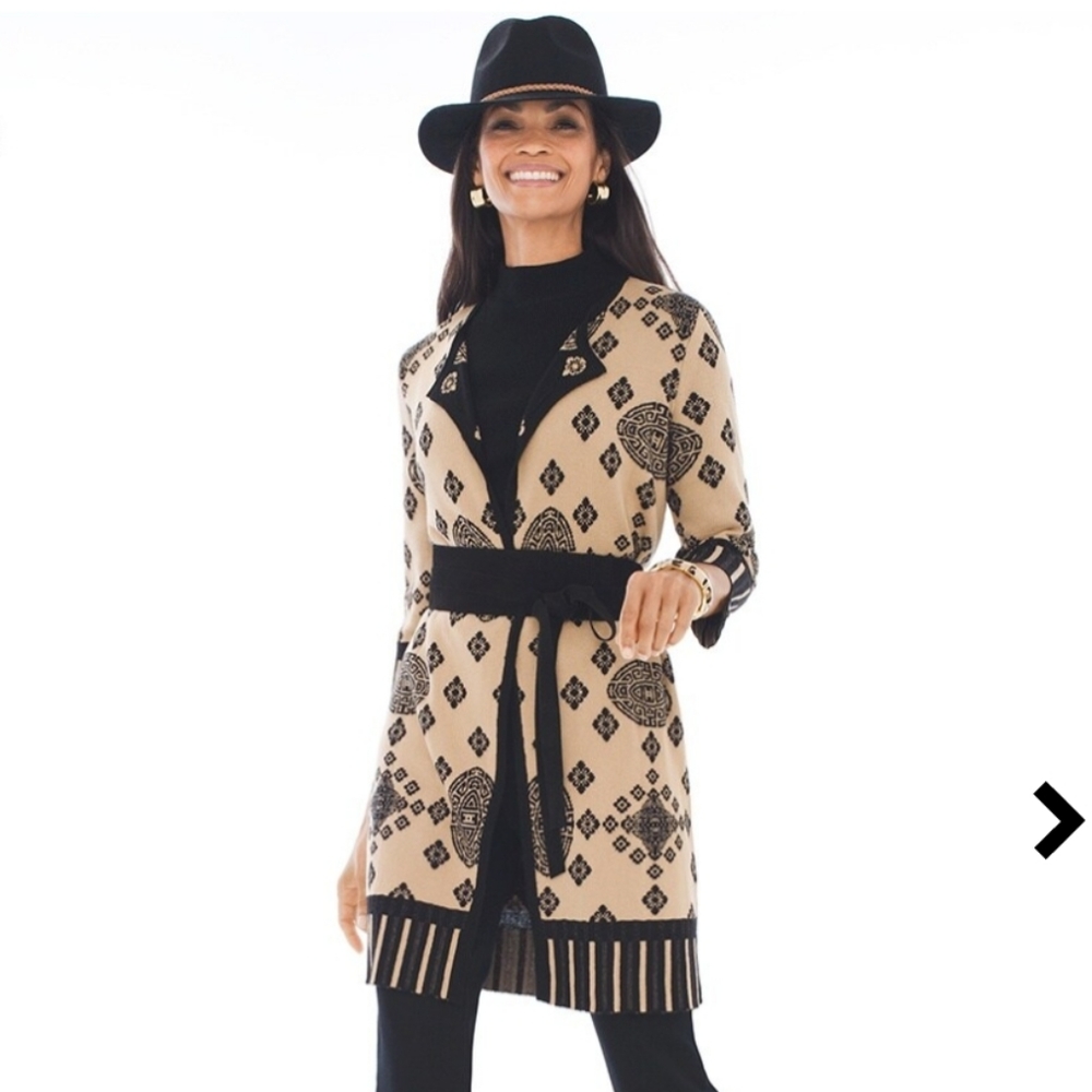 Chico's Petunia open cardigan tan and black color size 2 (12), EUC